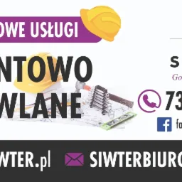 Baner reklamowy firmy remontowo-budowlanej SIWTER, prezentujący logo, numer telefonu, adres e-mail i adres strony internetowej, a także hasło 'Gotowe - oto klucze!', z elementami graficznymi takimi...