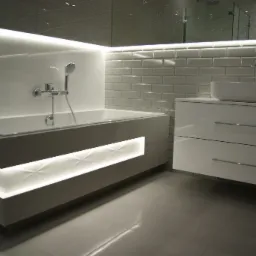 Nowoczesna, biała łazienka z podświetlaną wanną i umywalką nablatową, wykończona białymi płytkami typu metro i płytkami 3D, oświetlenie LED.