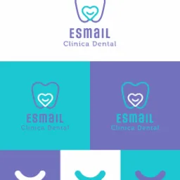 Warianty logo dla kliniki dentystycznej Esmail, prezentujące ząb z sercem w środku, nazwa i slogan w kolorach fioletu i turkusu na białym tle, oraz uśmiechy w różnych kolorach na kwadratach.