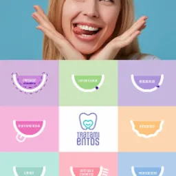 Uśmiechnięta blondynka z wyciągniętym językiem na tle pastelowych ikon z nazwami zabiegów stomatologicznych.