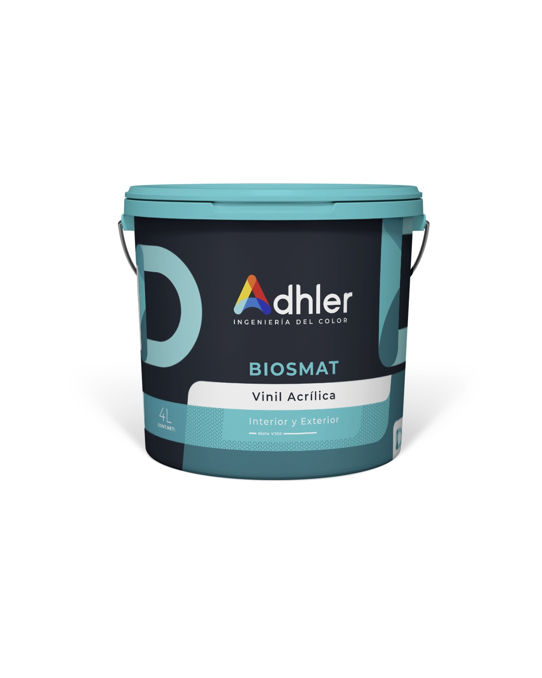 Puszka farby akrylowej do wnętrz i na zewnątrz marki Adhler Biosmat o pojemności 4L, z logo firmy, na białym tle.
