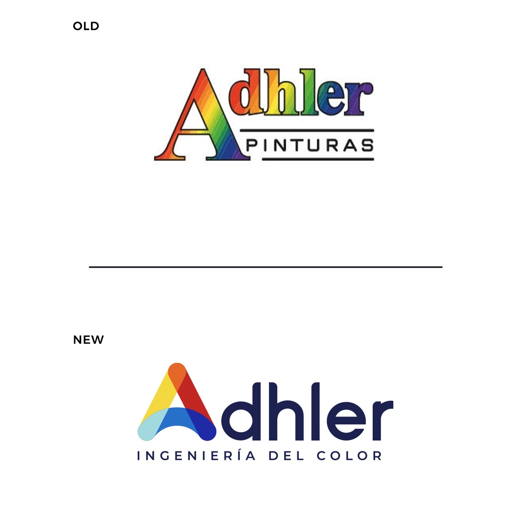 Porównanie dwóch wersji logo 'Adhler': starsza z tęczową literą 'A' i napisem 'Pinturas', nowsza z trójkątnym symbolem i napisem 'Ingeniería del Color'.
