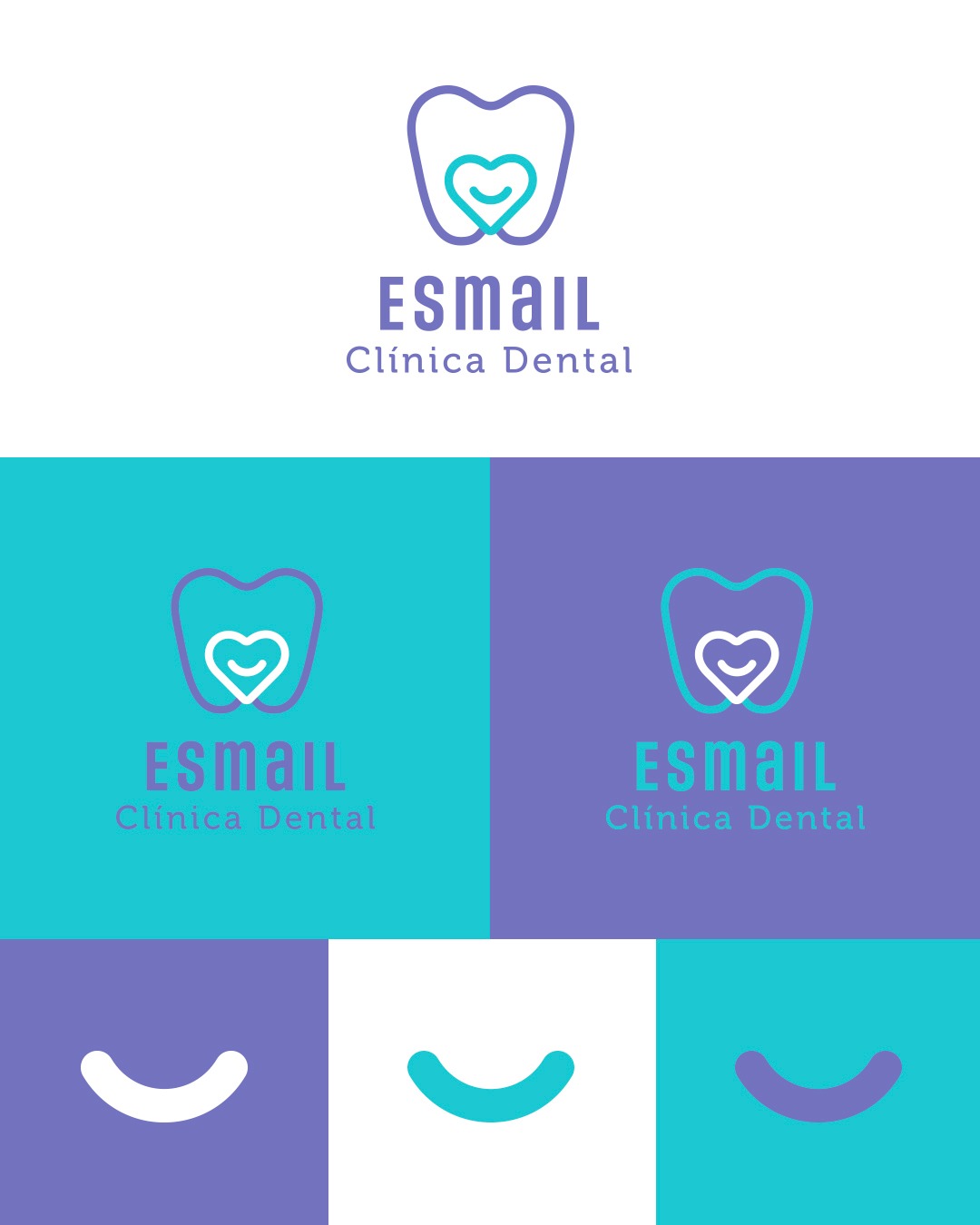 Warianty logo dla kliniki dentystycznej Esmail, prezentujące ząb z sercem w środku, nazwa i slogan w kolorach fioletu i turkusu na białym tle, oraz uśmiechy w różnych kolorach na kwadratach.
