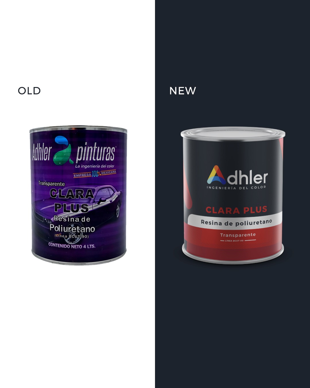 Porównanie opakowań farby: stare, z grafiką samochodu, i nowe, minimalistyczne z logo producenta.