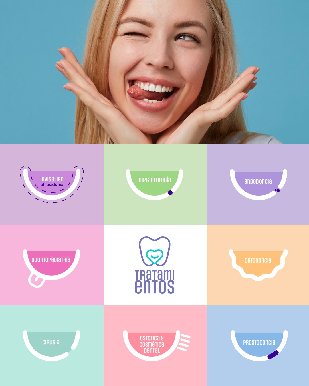 Uśmiechnięta blondynka z wyciągniętym językiem na tle pastelowych ikon z nazwami zabiegów stomatologicznych.