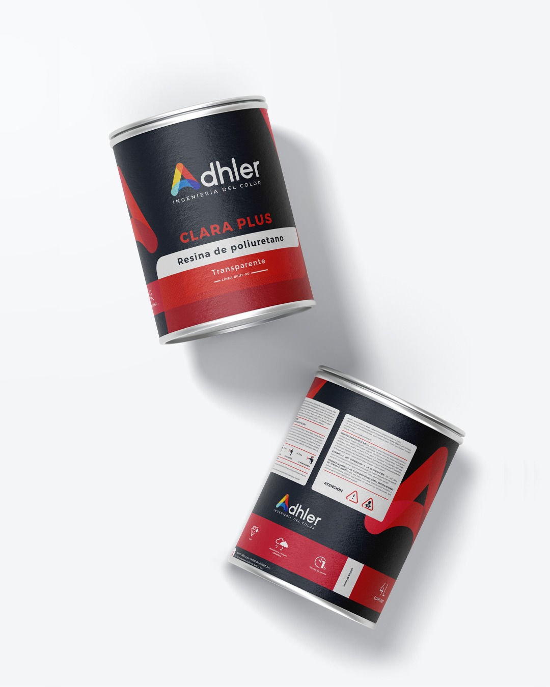 Dwie puszki z żywicą poliuretanową marki Adhler Clara Plus na białym tle, jedna leży na boku, eksponując etykiety z informacjami i logo firmy.