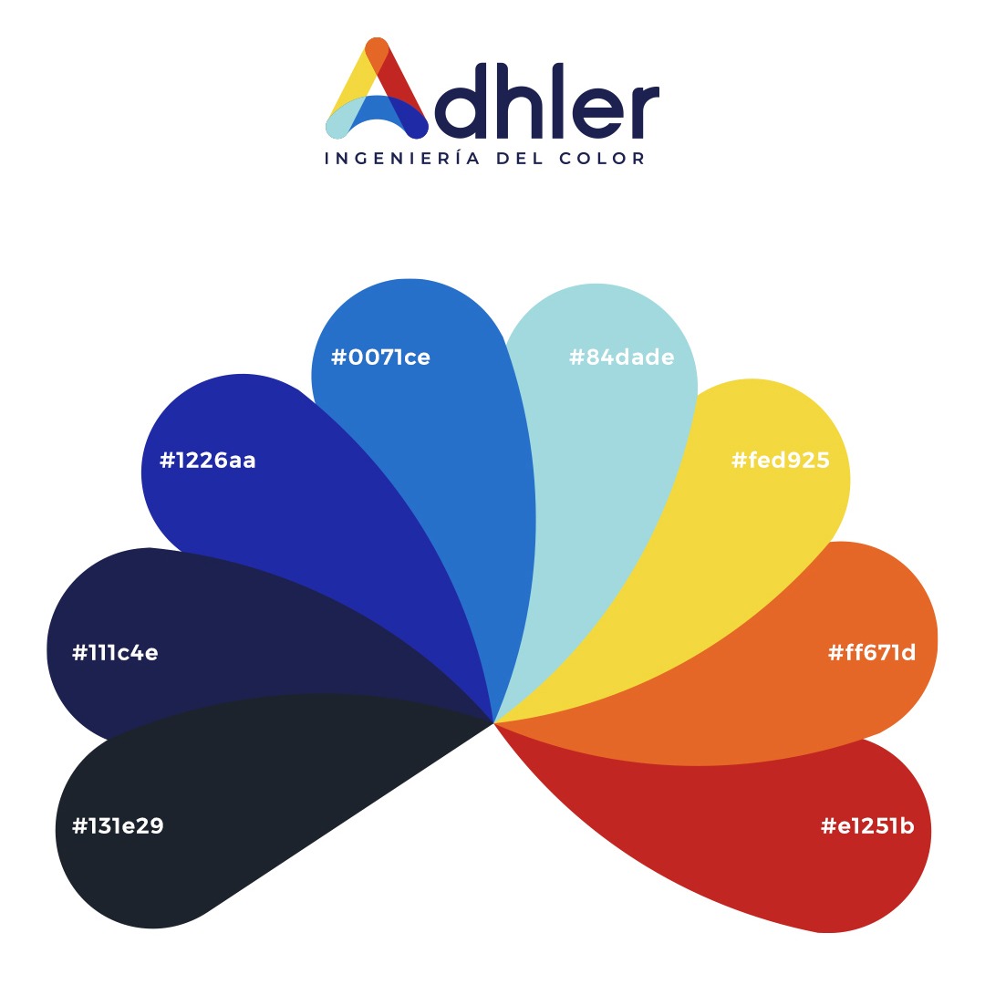 Logo Adhler Ingeniería del Color z paletą kolorów w kształcie kwiatu, zawierającą kody heksadecymalne poszczególnych barw.