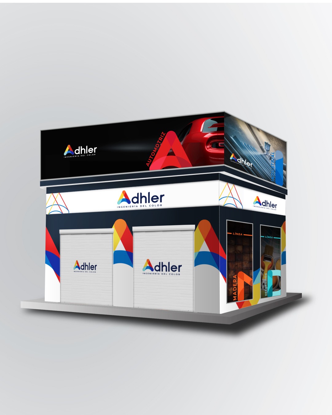 Wizualizacja stoiska firmy Adhler z branży farb i lakierów samochodowych, prezentująca logo, kolorystykę i ofertę produktową na powierzchniach ścian i rolet.