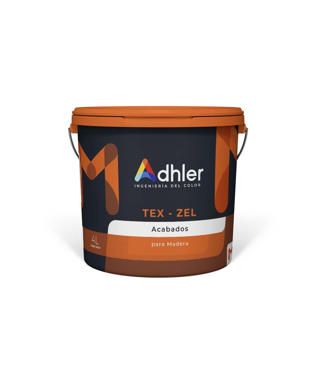 Puszka farby Adhler Tex-Zel do drewna, z pomarańczowym wieczkiem i detalami graficznymi na ciemnym tle.