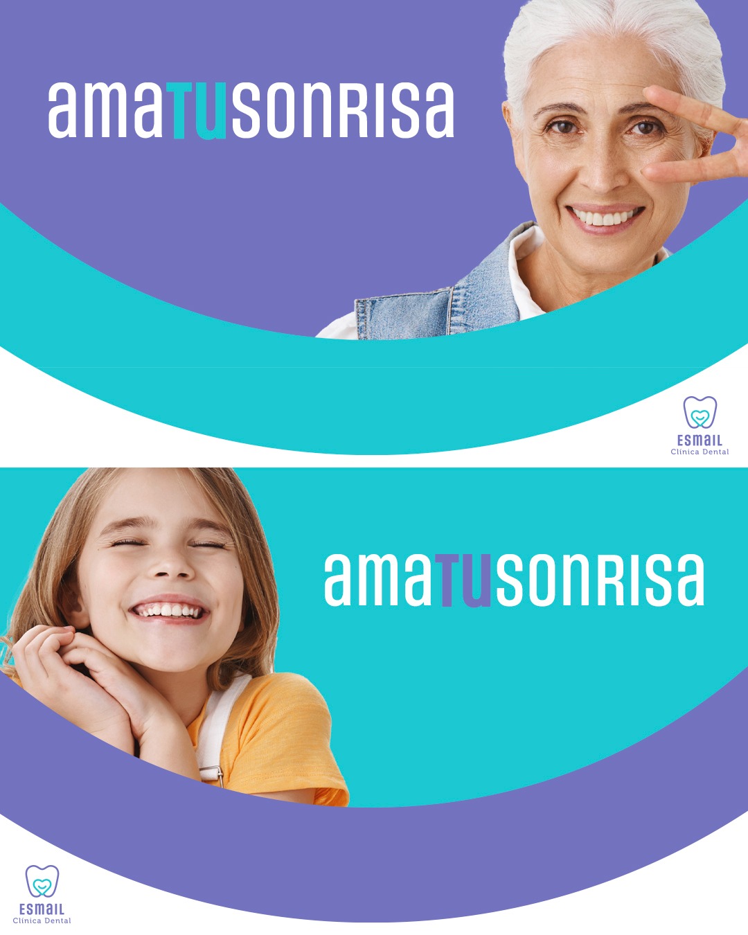 Dwuczęściowy baner reklamowy kliniki dentystycznej: u góry uśmiechnięta starsza kobieta z siwymi włosami pokazująca znak V, u dołu roześmiana dziewczynka z zamkniętymi oczami, obie na tle...