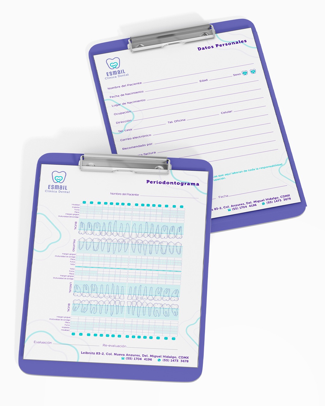 Dwa klipbordy z formularzami medycznymi kliniki dentystycznej Esmail, prezentujące dane osobowe pacjenta i periodontogram, Zamość.