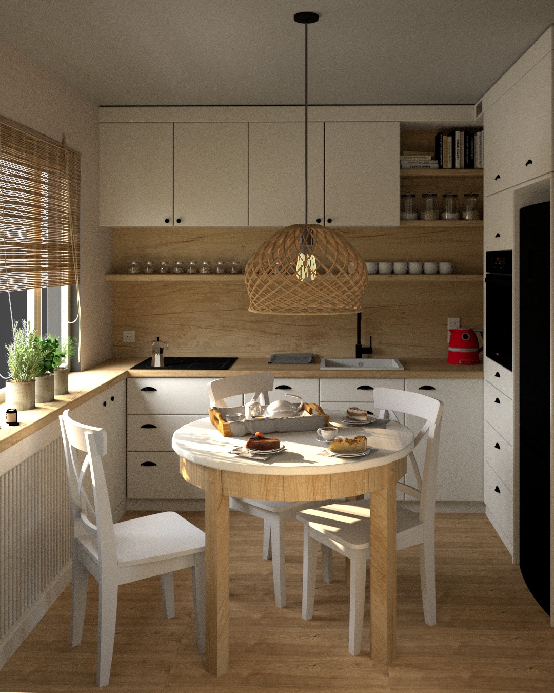 Jasna kuchnia z okrągłym stołem, trzema białymi krzesłami, rattanową lampą, drewnianym blatem i roletami w oknie, zastawiona ciastem i kawą.