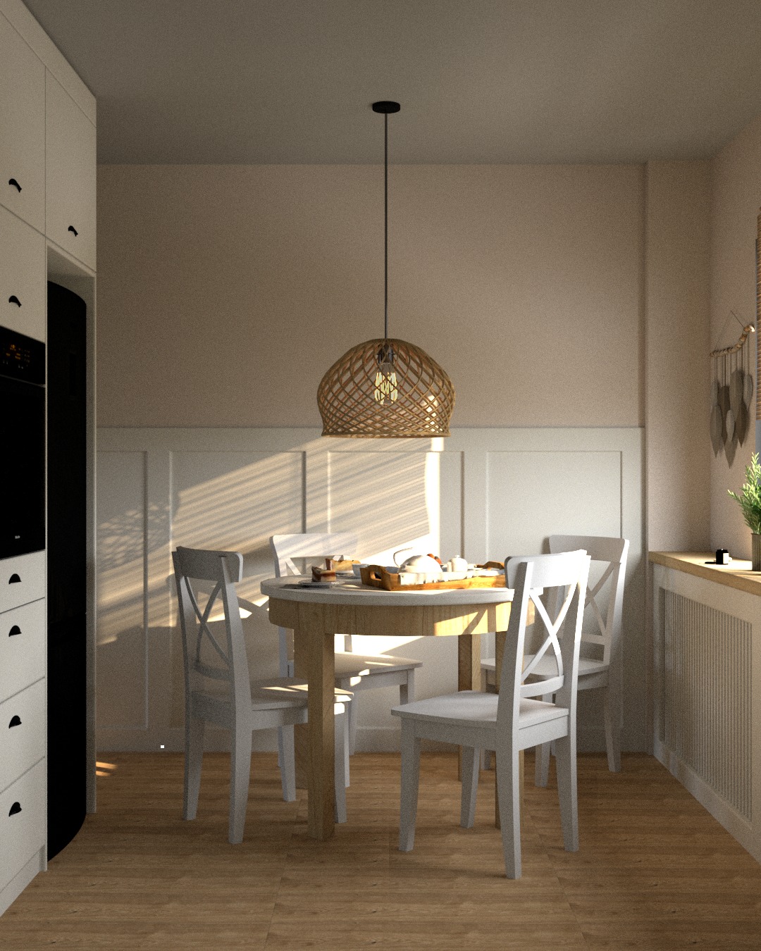 Jasna jadalnia z okrągłym stołem i białymi krzesłami w stylu skandynawskim, wisząca lampa z plecionki, promienie słoneczne wpadające przez okno.