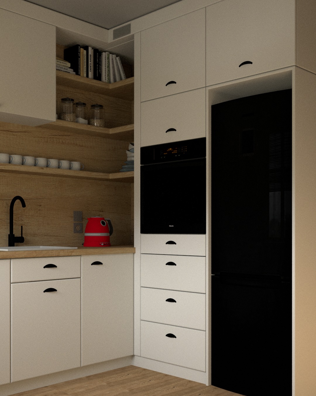 Wizualizacja nowoczesnej kuchni z białymi szafkami, czarnym zlewem i czerwonym czajnikiem na drewnianym blacie, z drewnianą półką z książkami i słoikami w tle.