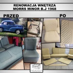 Kolaż zdjęć prezentujący renowację wnętrza samochodu Morris Minor B.J. 1968: widok 'przed' z niebieskim autem i szkieletem fotela oraz widok 'po' z odnowionymi elementami tapicerki w jasnym kolorze...