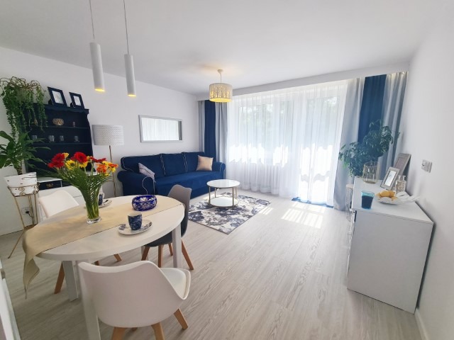 nowoczesny salon z odrobiną granatu