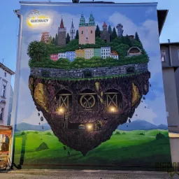 Mural na ścianie budynku przedstawiający fantazyjny krajobraz z lewitującą wyspą, na której znajduje się miasto z wieżami i górniczymi szybami, całość utrzymana w jasnej kolorystyce.