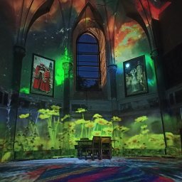 Greenwood Grzegorz Dziergas - Wnętrze gotyckiej budowli z projekcjami świetlnymi kwiatów i abstrakcyjnych wzorów, obrazy na ścianach podświetlone zielonym światłem, drewniane krzesła w centrum.