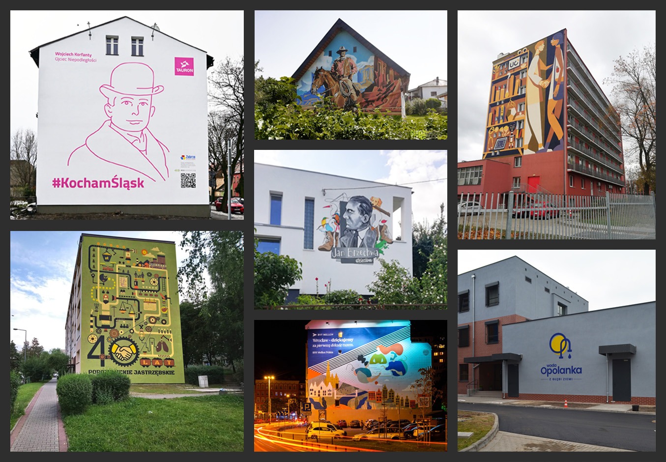 Zestawienie zdjęć budynków z muralami i grafikami reklamowymi, w tym portret Wojciecha Korfantego z hasłem #KochamŚląsk, cowboy na koniu, Jan Brzechwa, grafika z okazji 40-lecia Porozumienia...