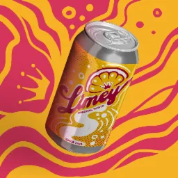 Rendered image of a Limey soda can with a retro design, featuring a stylized orange slice with a crown, set against a vibrant orange and pink wavy background.