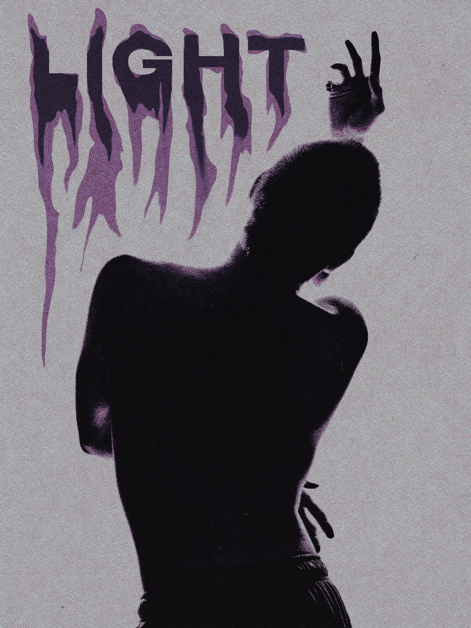 Sylwetka osoby z uniesioną ręką, tworząca znak 'OK' na tle napisu 'LIGHT' z efektem kapiącej farby w odcieniach fioletu i szarości.