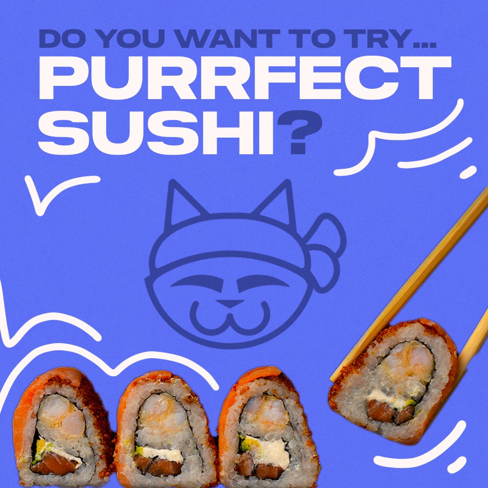 Ilustracja reklamowa sushi z napisem 'Purrfect Sushi', stylizowana na koci motyw z rysunkową głową kota w bandanie, na niebieskim tle z białymi, nieregularnymi liniami, prezentująca trzy rolki...