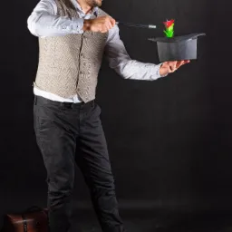 Młody mężczyzna w okularach, kamizelce i koszuli, uśmiechnięty, trzyma czarny cylinder, z którego wystaje czerwono-zielony rekwizyt przypominający kwiat, machając nad nim czarną różdżką; w tle...