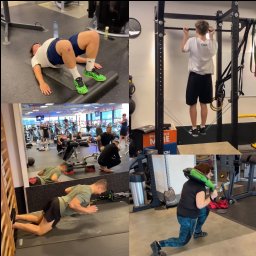 Jakub Bakalarz - Trener Personalny CityFit - Mozaika zdjęć z siłowni: ćwiczenia na podłodze, podciąganie na drążku, pompki przy drabinkach i wykroki z obciążeniem. Różne osoby, różne ćwiczenia.