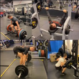 Jakub Bakalarz - Trener Personalny CityFit - Cztery kadry z siłowni: martwy ciąg z użyciem trap baru, wyciskanie sztangi na ławce, klasyczny martwy ciąg i przysiad ze sztangą na karku.