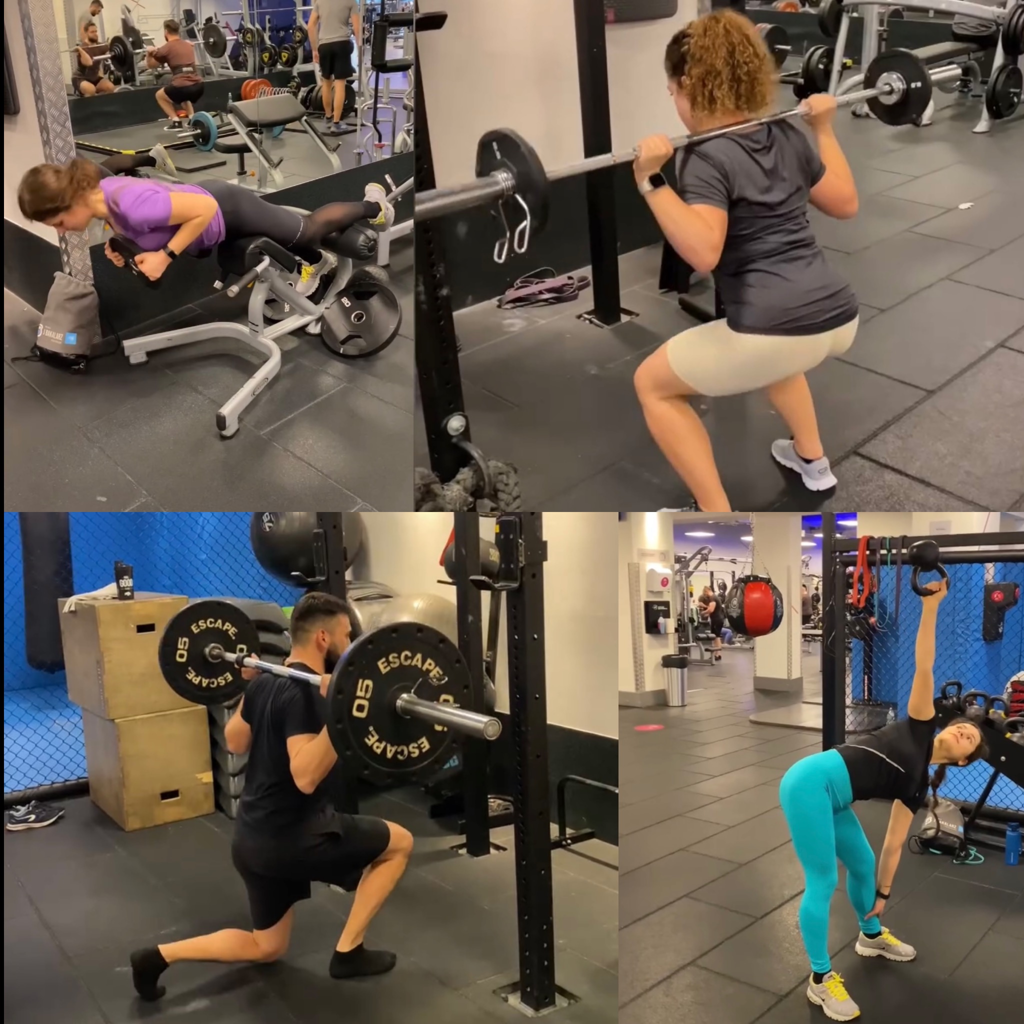 Kolaż z siłowni: ćwiczenia z obciążeniem, przysiady ze sztangą, wykroki. Widoczne różne osoby, sprzęt do ćwiczeń i przestrzeń treningowa.