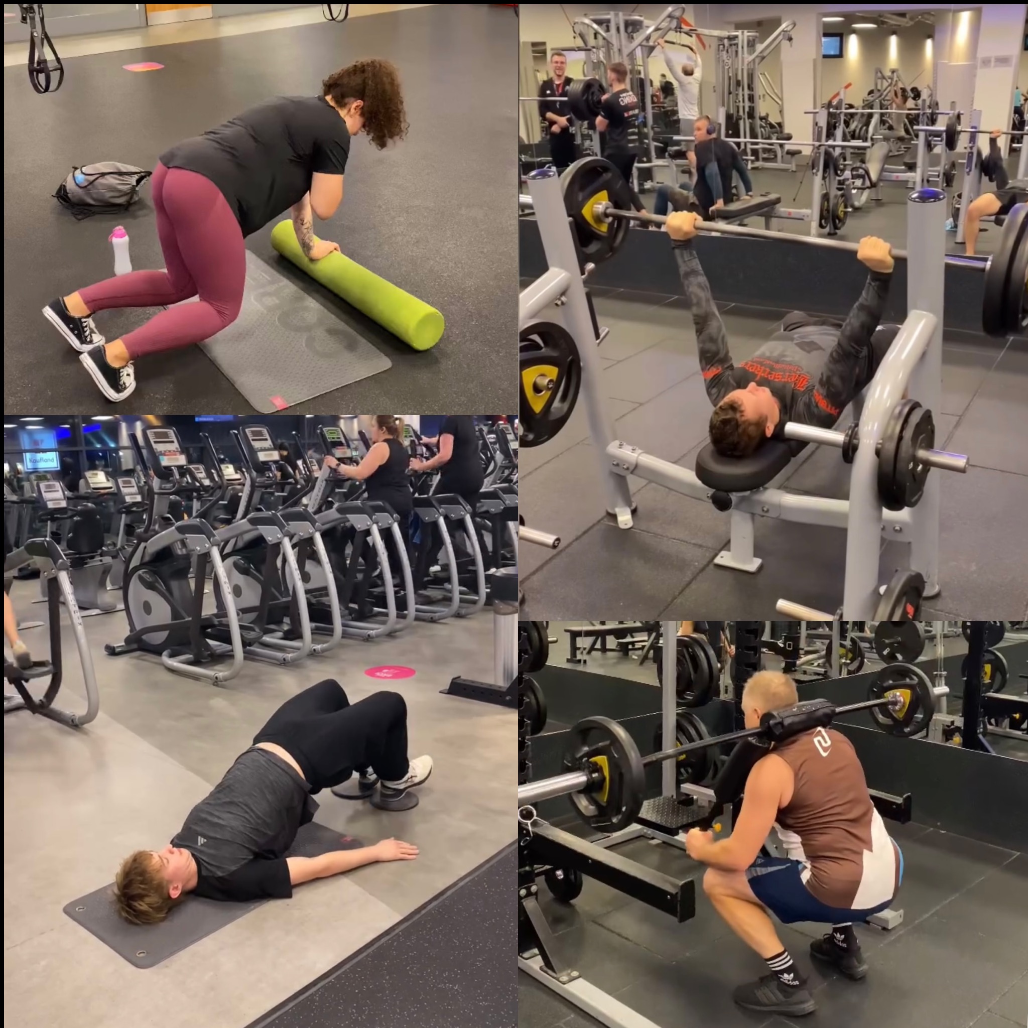 Kolaż z sali treningowej: ćwiczenia z rollerem, wyciskanie sztangi, unoszenie bioder, przysiady ze sztangą. Różne osoby wykonują ćwiczenia pod okiem trenera.