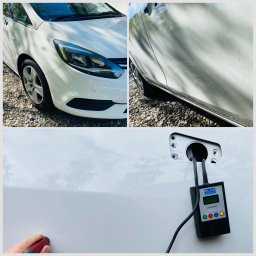 MP LAK Blacharstwo Lakiernictwo Naprawy Powypdkowe - Pomiar grubości lakieru białego samochodu za pomocą miernika Blue Technology Comfort, widoczne uszkodzenia lakieru na błotniku.