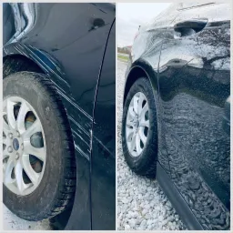 Zestawienie: błotnik samochodu z głębokimi rysami przed naprawą i po naprawie, z widocznym efektem polerowania lakieru.