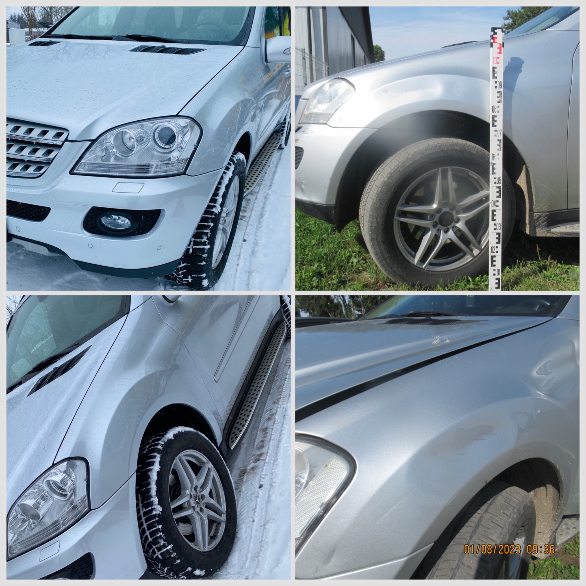 Montaż zdjęć przedstawia srebrny samochód Mercedes ML z bliska, widoczne detale karoserii, opony zimowe, pomiar uszkodzeń karoserii za pomocą łaty mierniczej.