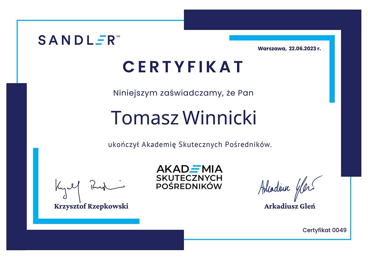 Certyfikat ukończenia Akademii Skutecznych Pośredników dla Tomasza Winnickiego, podpisany przez Krzysztofa Rzepkowskiego i Arkadiusza Glenia, wydany w Warszawie 22.06.2023 r.