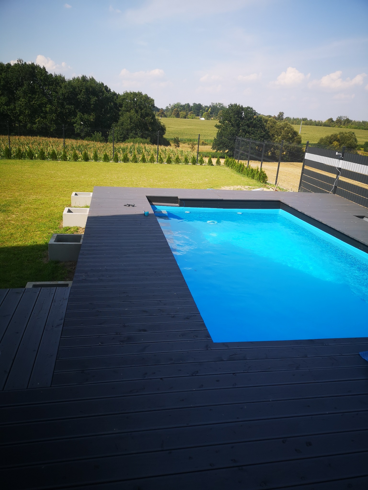 Nowoczesny basen otoczony ciemną, drewnianą deską tarasową, z widokiem na zielony trawnik i pola uprawne w tle.