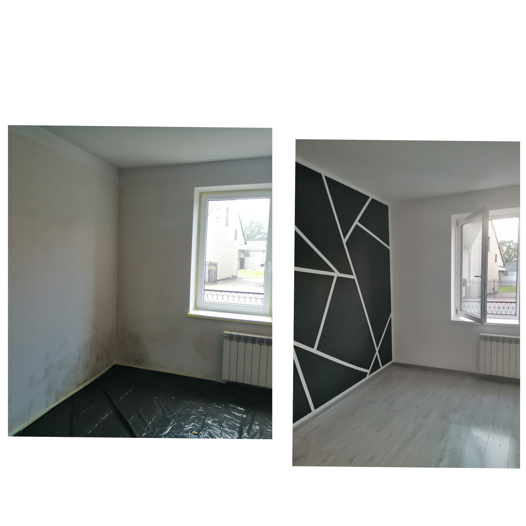 Pokój przed i po malowaniu: ściana z szarą farbą, zabezpieczona folią podłoga kontra ściana z geometrycznym wzorem w czerni i bieli oraz jasnoszarą podłogą.