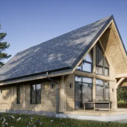 Nowoczesny dom z drewnianą elewacją i szarym dachem dwuspadowym, duże okna z czarnymi ramami, otoczony zielenią i kwiatami.