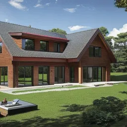 Dwukondygnacyjny dom z drewnianą elewacją i grafitowym dachem w otoczeniu zieleni, z tarasem i leżakami na trawniku.