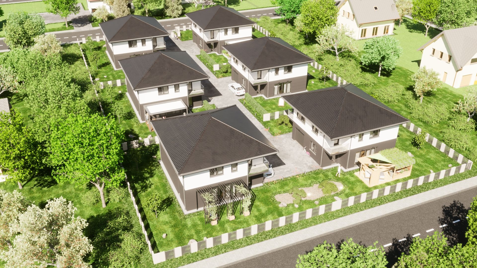 Wizualizacja osiedla sześciu identycznych, dwukondygnacyjnych domów jednorodzinnych z ciemnymi dachami, białymi i szarymi elewacjami, ogrodami z pergolami i zielonymi dachami na altanach, widziana...