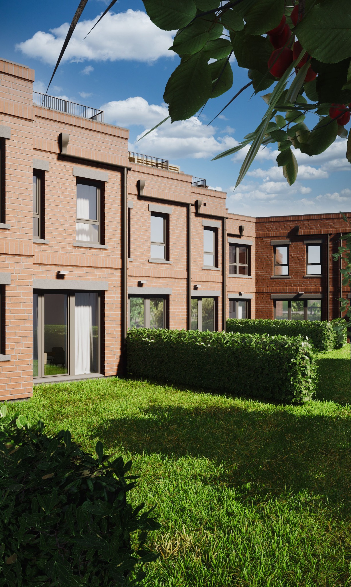 Wizualizacja szeregowca z cegły klinkierowej, otoczonego zielonym trawnikiem i żywopłotem, z fragmentem drzewa z czerwonymi owocami w prawym górnym rogu.