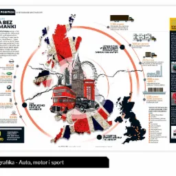 Infografika przedstawiająca brytyjski rynek samochodowy w kontekście Brexitu, z elementami takimi jak mapa Wielkiej Brytanii w barwach flagi, ikony samochodów, Big Ben, London Eye i czerwony autobus.