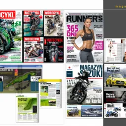 Kolekcja okładek magazynów o tematyce motoryzacyjnej, biegania i golfa, ułożonych na białym tle.