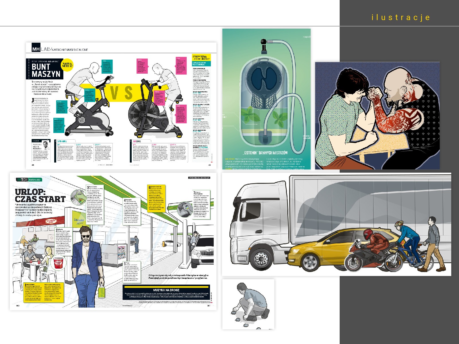 Zestaw ilustracji: porównanie rowerów spinningowych i airbike, izotonik dla sportowców, pojedynek na rękę, sytuacja na drodze z udziałem ciężarówki, samochodu i motocyklistów.