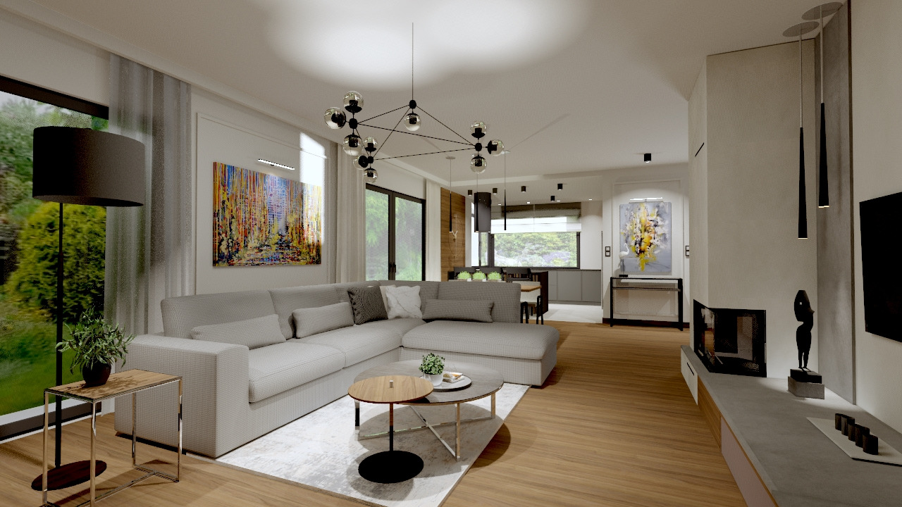 Wizualizacja przestronnego salonu z narożną sofą, okrągłymi stolikami kawowymi i nowoczesnym oświetleniem, w tle widoczna kuchnia.