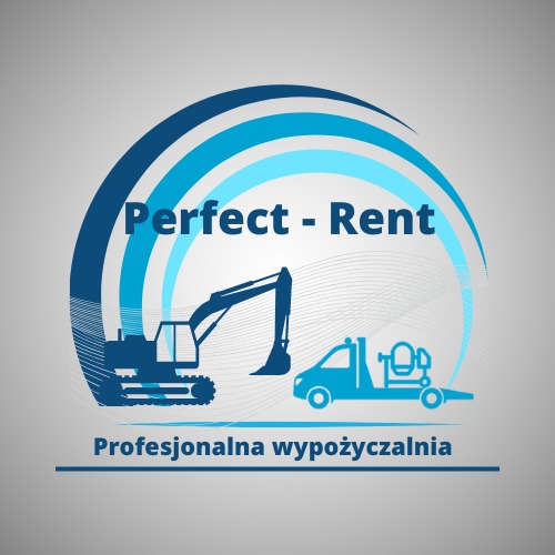 Logo firmy Perfect-Rent z sylwetkami koparki i lawety z betoniarką, hasło: Profesjonalna wypożyczalnia.