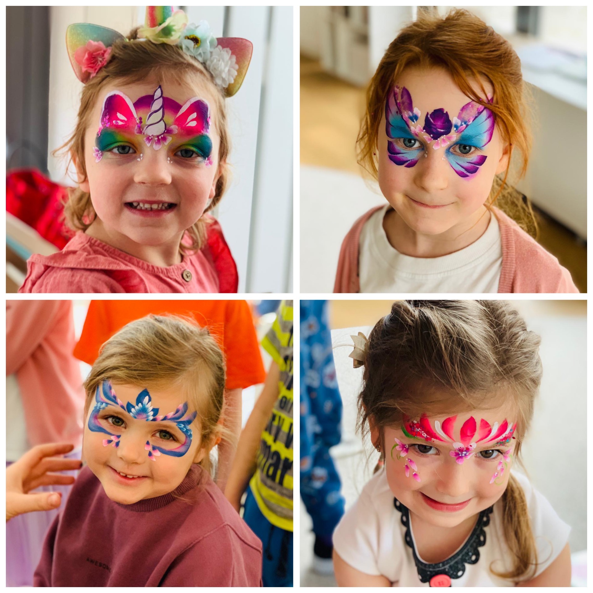 Kolaż czterech portretów uśmiechniętych dziewczynek z artystycznym makijażem twarzy: jednorożec, motyl, kwiatowy wzór, geometryczny wzór z elementami kwiatowymi.