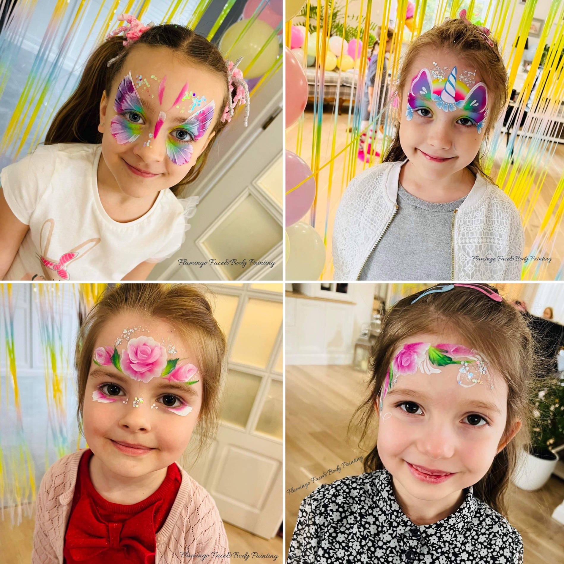 Kolaż czterech portretów uśmiechniętych dziewczynek z artystycznym makijażem twarzy: motyl, jednorożec, różowe róże i kwiatowa kompozycja, wykonane farbami do ciała z dodatkiem brokatu.