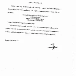 Referencje dla firmy transportowej i handlowej Marian Zając, świadczącej usługi dostaw węgla i miału węglowego dla Gminy Lądek w sezonie grzewczym 2011/2012.
