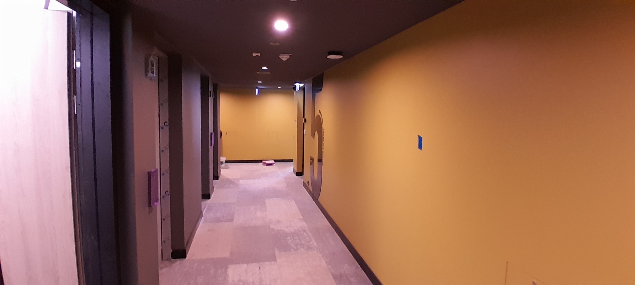 Długi korytarz biurowy z żółtymi ścianami i numerami, świeżo po malowaniu. Widoczne detale wykończenia i oświetlenie sufitowe.